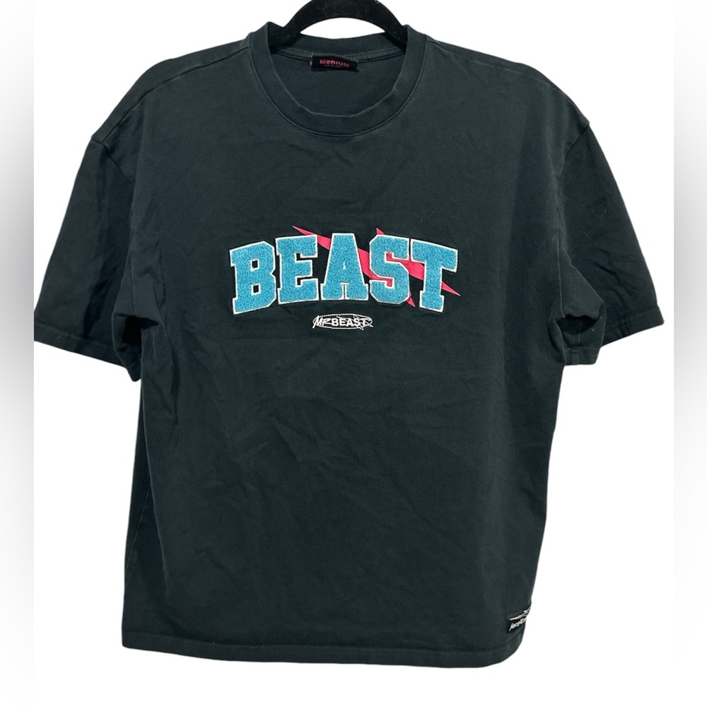 Mr Beast T-Shirt Fuzzy/Carpet Logo Adult MEDIUM Black Embroidered
